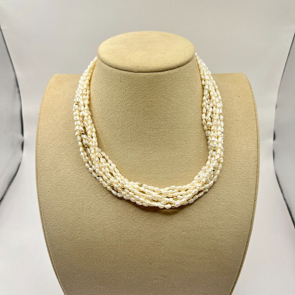Vtg Freshwater Keshi pearl choker necklace 10 strands gold beads
